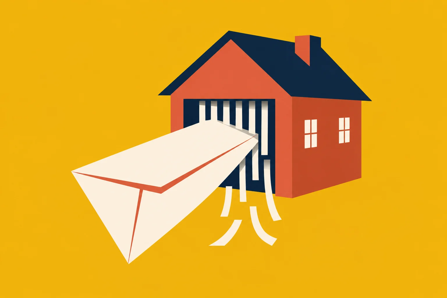 A large cream envelope emerges from a red house with a dark blue roof and barred doorway, with loose paper strips falling against a yellow background.