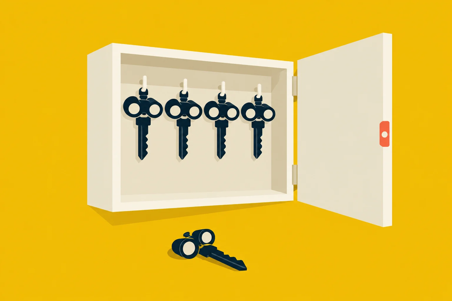 An open cream-colored key cabinet holds four dark keys, with another key lying below it against a bright yellow background.