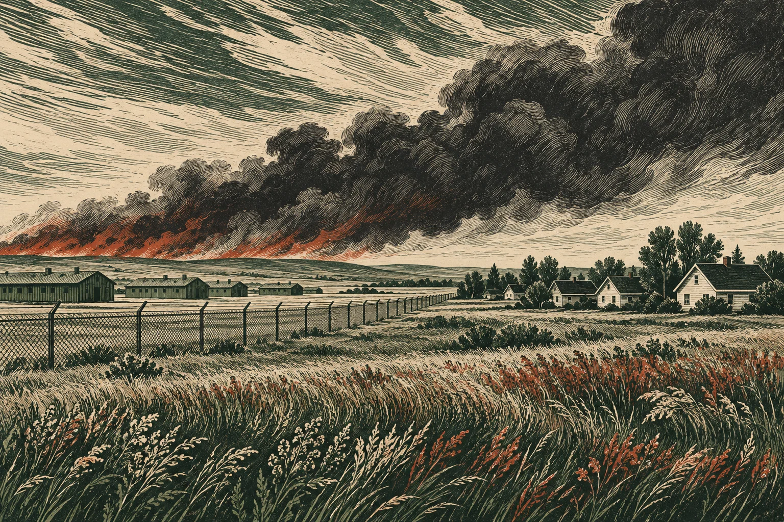 A vintage-style illustration shows dark wildfire smoke and distant flames behind fenced buildings and rural houses, with windswept grasses in the foreground.