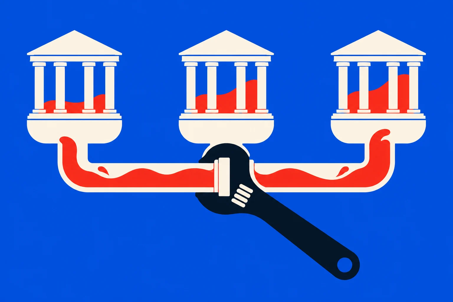 Three cream-colored banks connect through pipes filled with red liquid against a blue background, while a large dark wrench grips the central pipe.