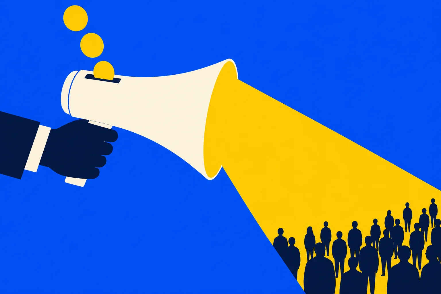 A hand holds a megaphone with coins entering its slot, projecting a yellow beam toward a crowd of dark silhouettes against a blue background.