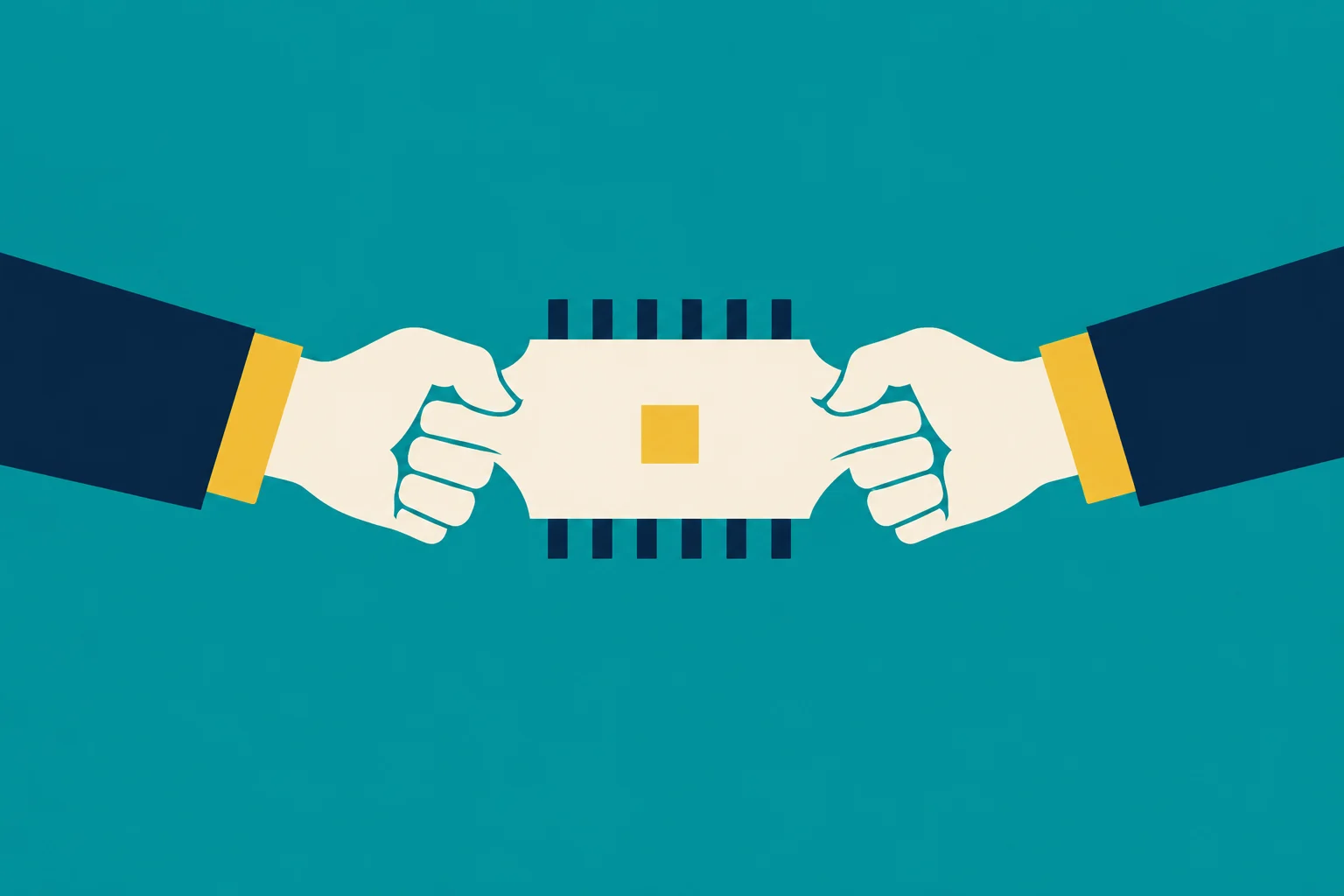 Two hands extending from navy sleeves with yellow cuffs grip opposite sides of a cream microchip with dark pins and a yellow center against a teal background.