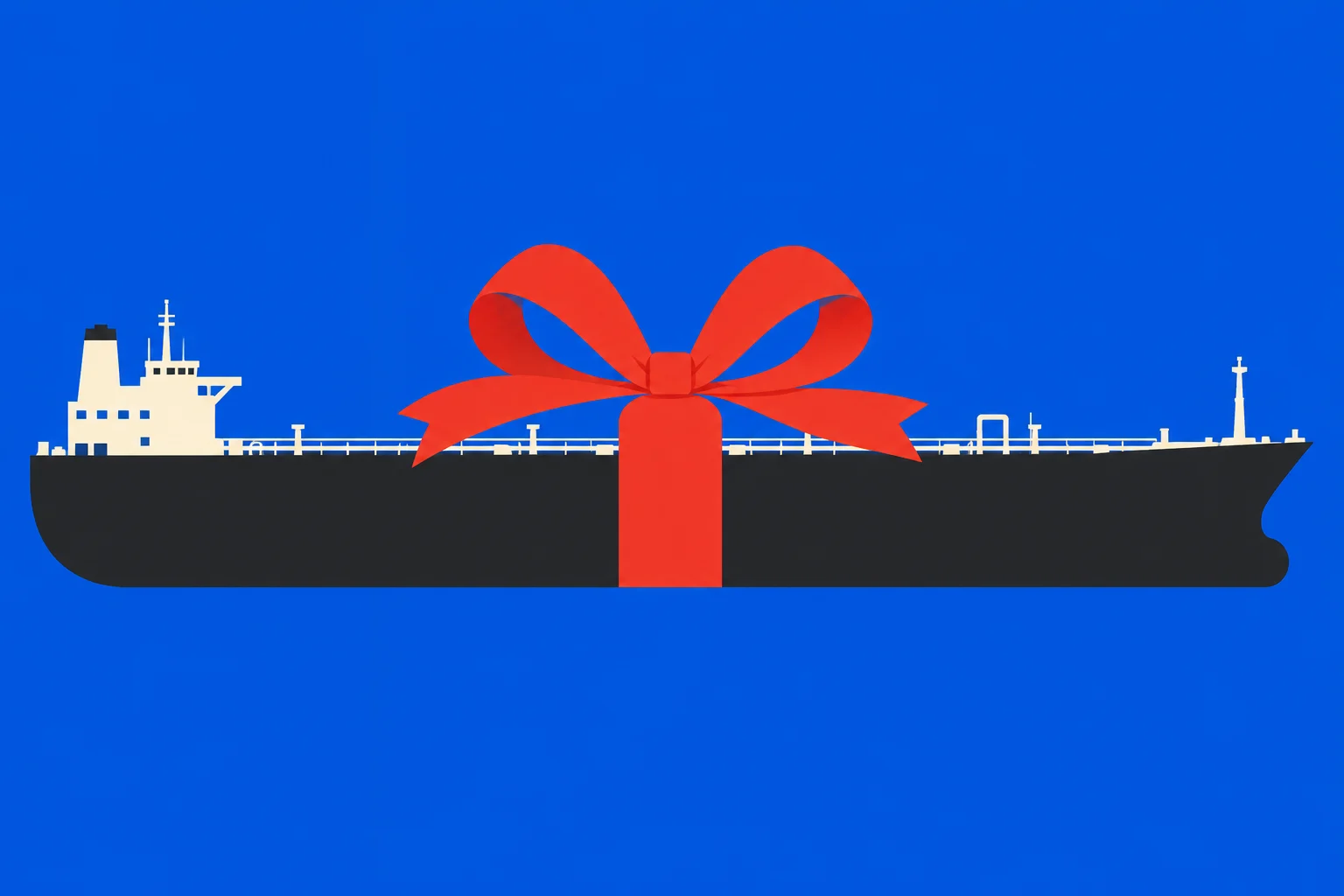 A black cargo ship with cream-colored structures is wrapped with a large red ribbon and bow against a bright blue background.