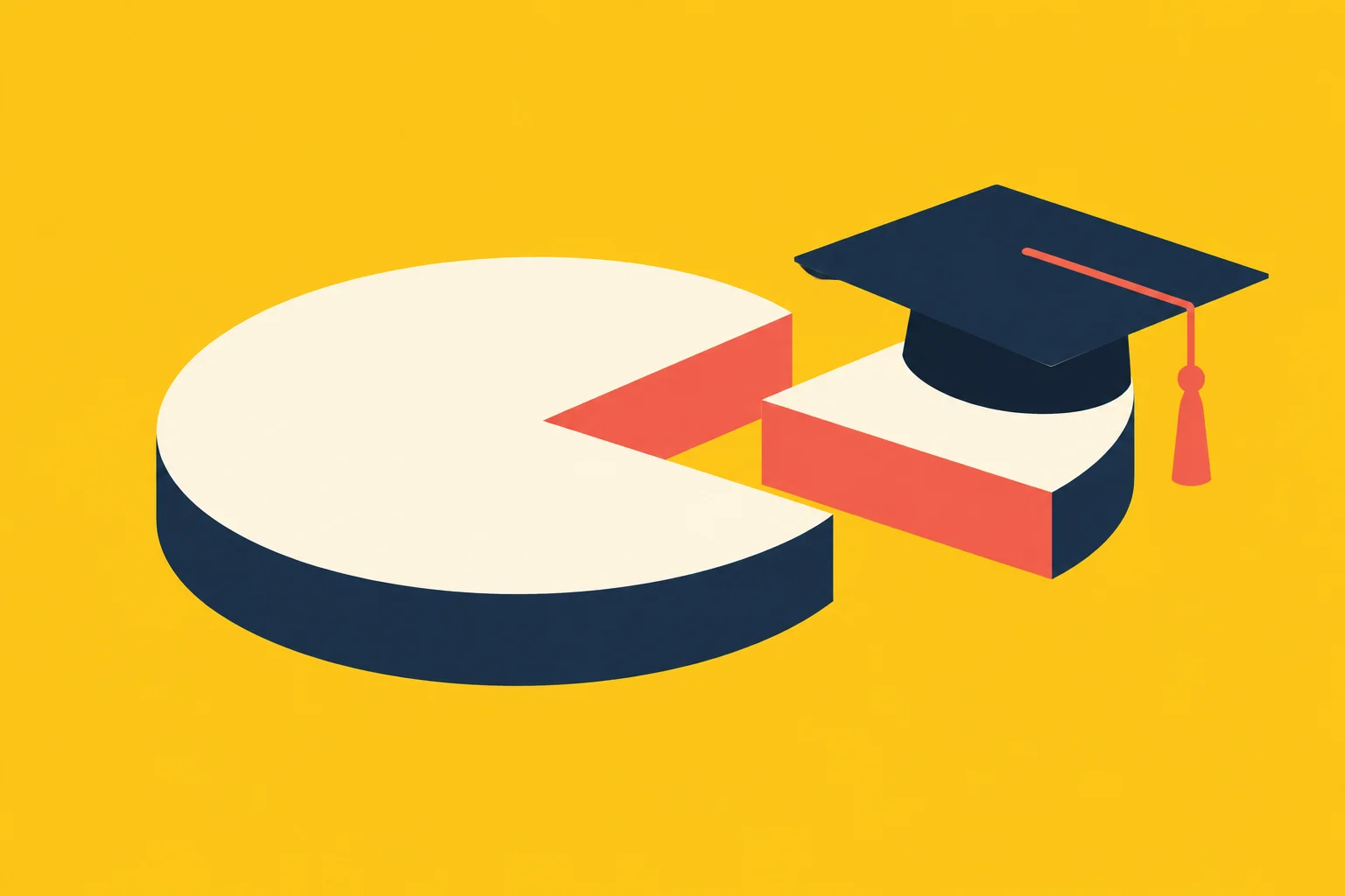A three-dimensional pie chart with a separated slice topped by a navy graduation cap with a coral tassel, against a yellow background.