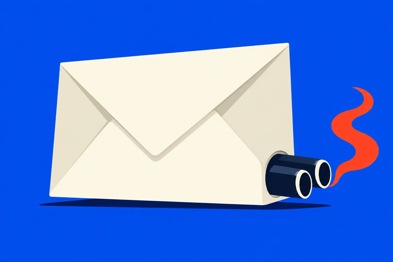 A cream envelope with two dark exhaust pipes emits a curling orange flame against a bright blue background.