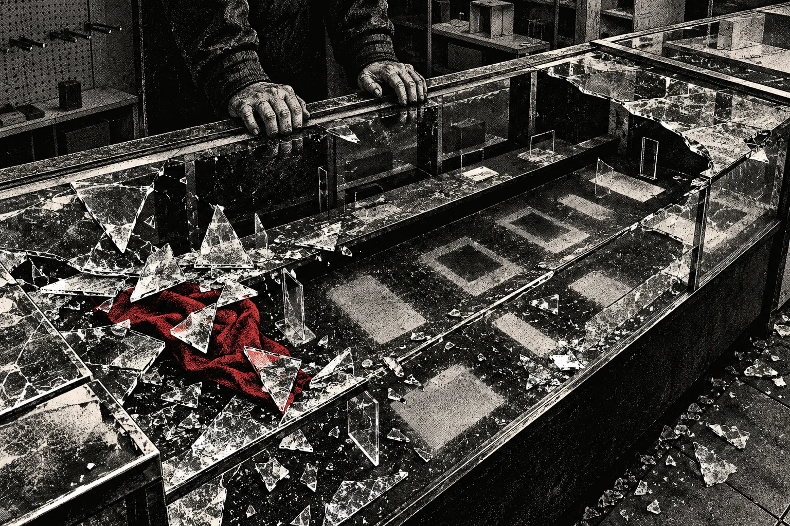 A person stands behind a shattered glass display case strewn with shards, with a red cloth amid the otherwise black-and-white scene.