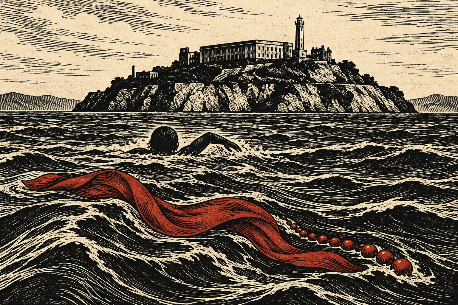 A woodcut-style scene shows a swimmer in rough seas below an island prison and lighthouse, with red fabric and beads floating in the foreground.