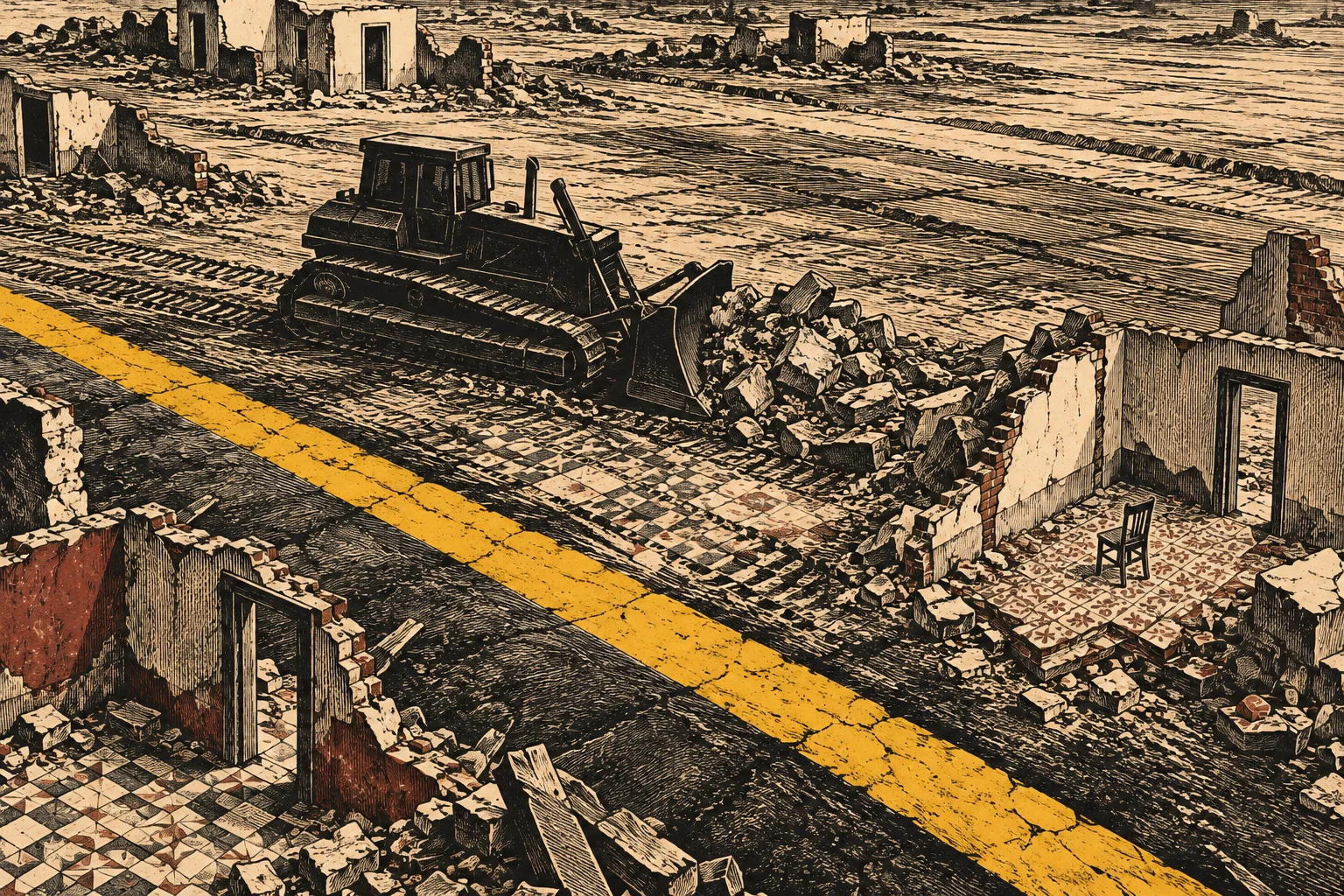 A bulldozer pushes rubble among ruined buildings, with exposed tiled floors, a lone chair, and a bright yellow stripe crossing the devastated landscape.