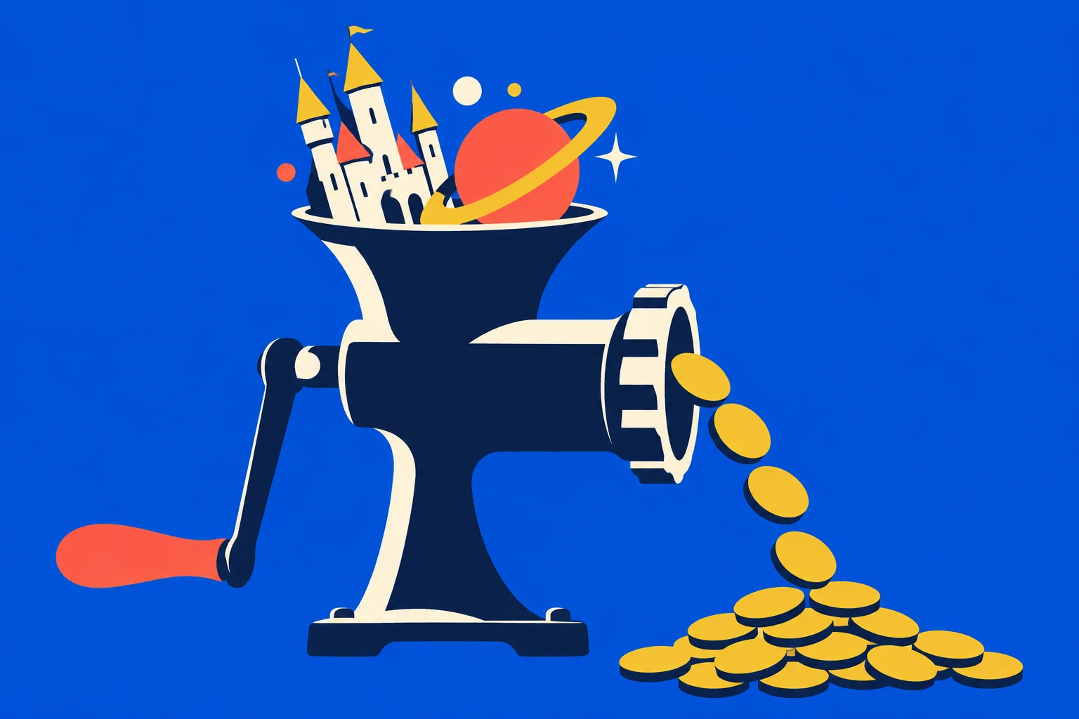 A hand-cranked grinder turns a fairy-tale castle and a ringed planet into gold coins against a bright blue background.