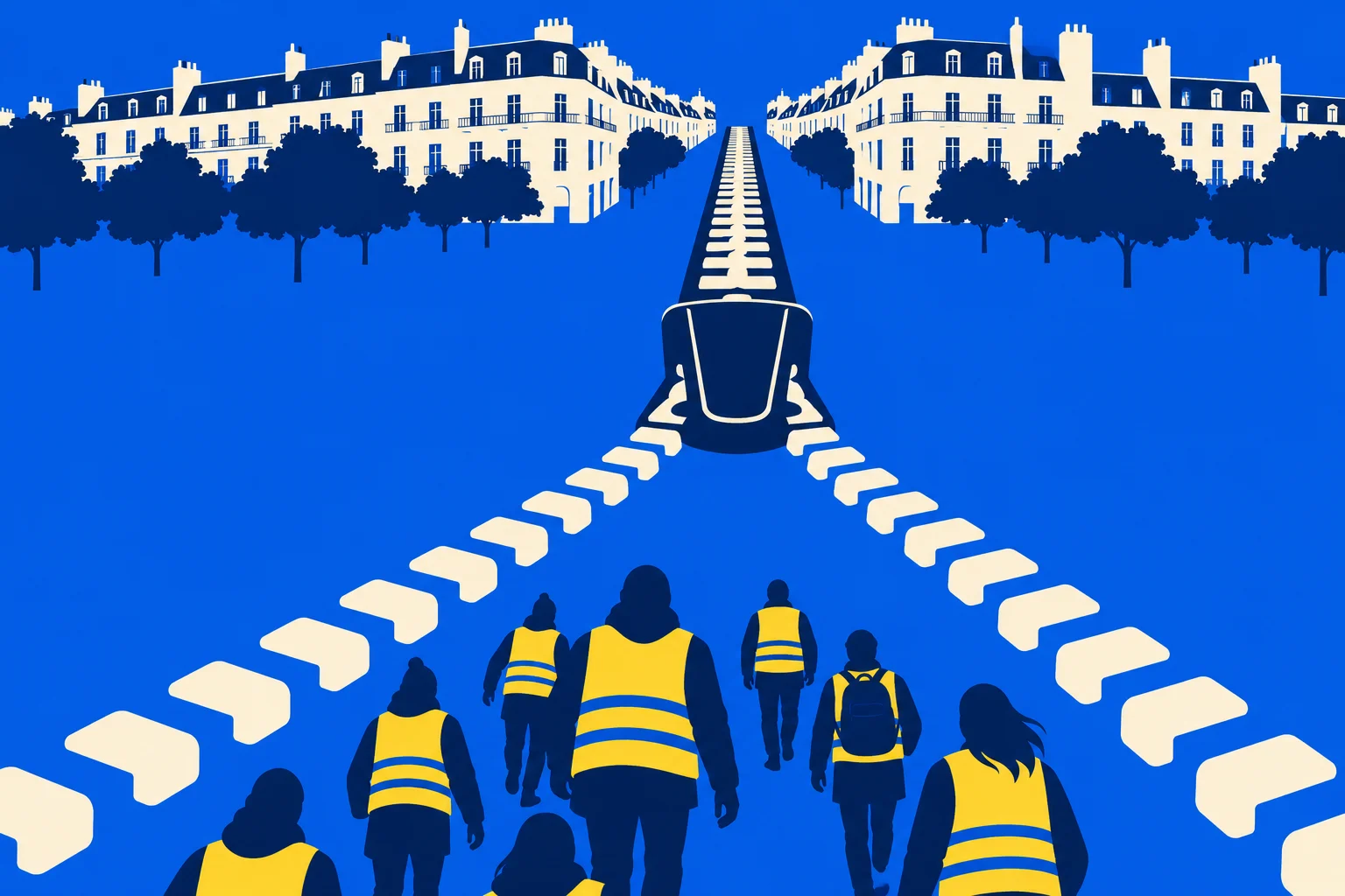 People wearing yellow vests walk toward a giant zipper running down a blue Parisian boulevard lined with cream buildings and dark trees.