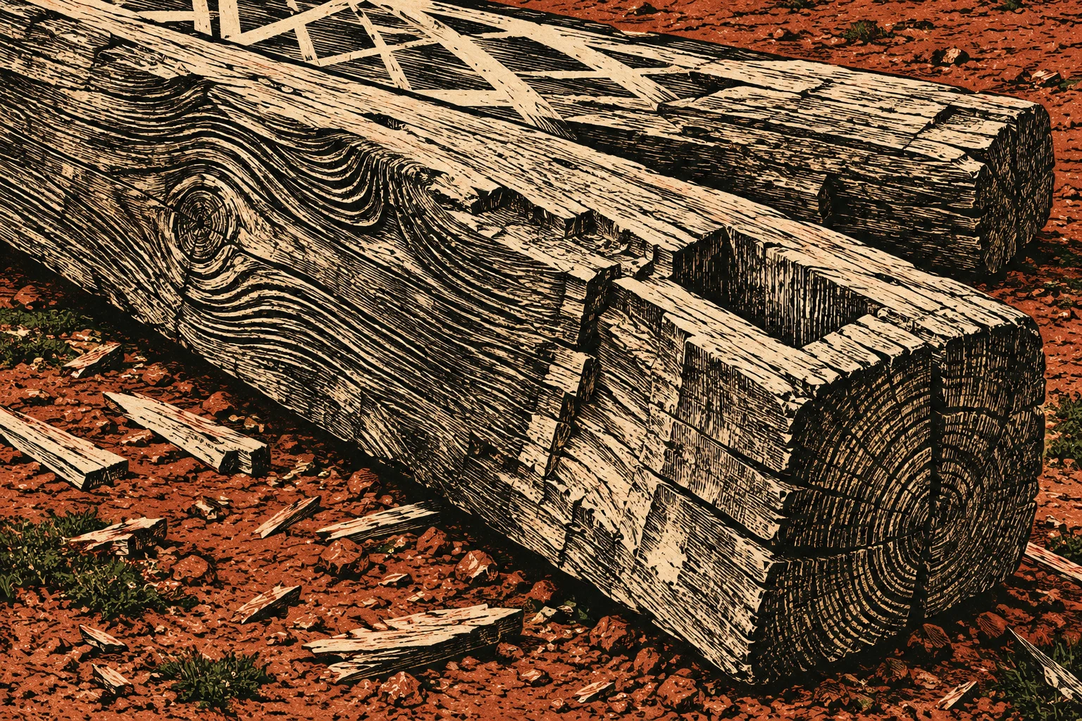 A woodcut-style illustration shows weathered timber beams with carved joints lying on reddish dirt among scattered wood chips and sparse grass.