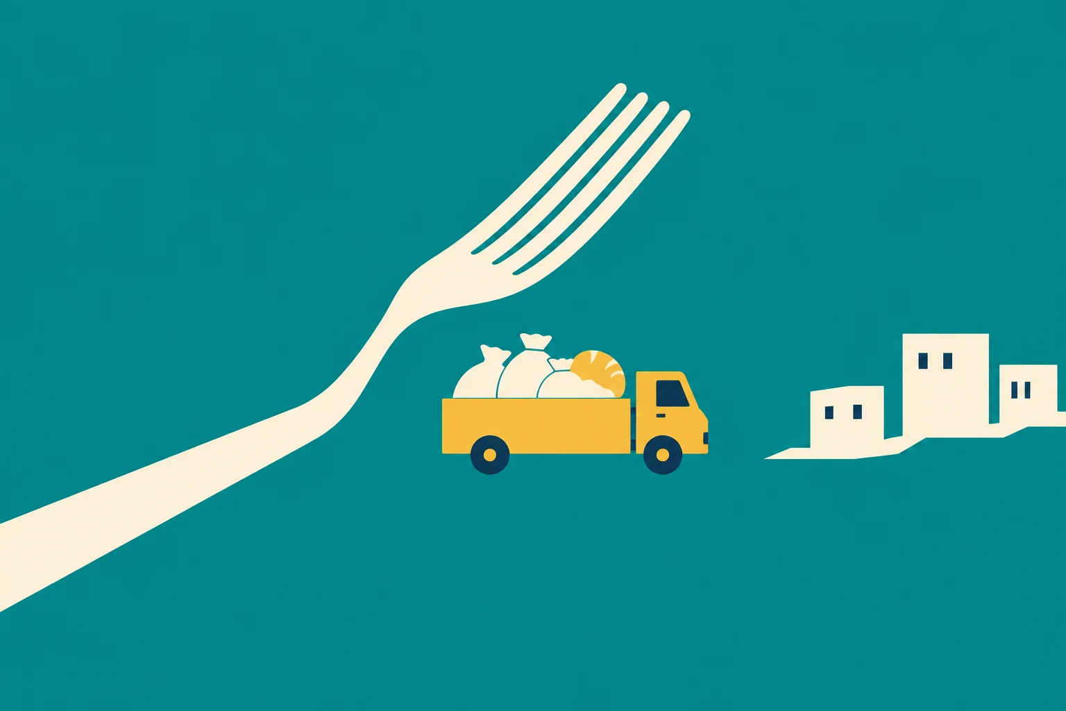 A large cream fork curves above a yellow truck carrying food sacks and bread, with cream buildings to the right against a teal background.
