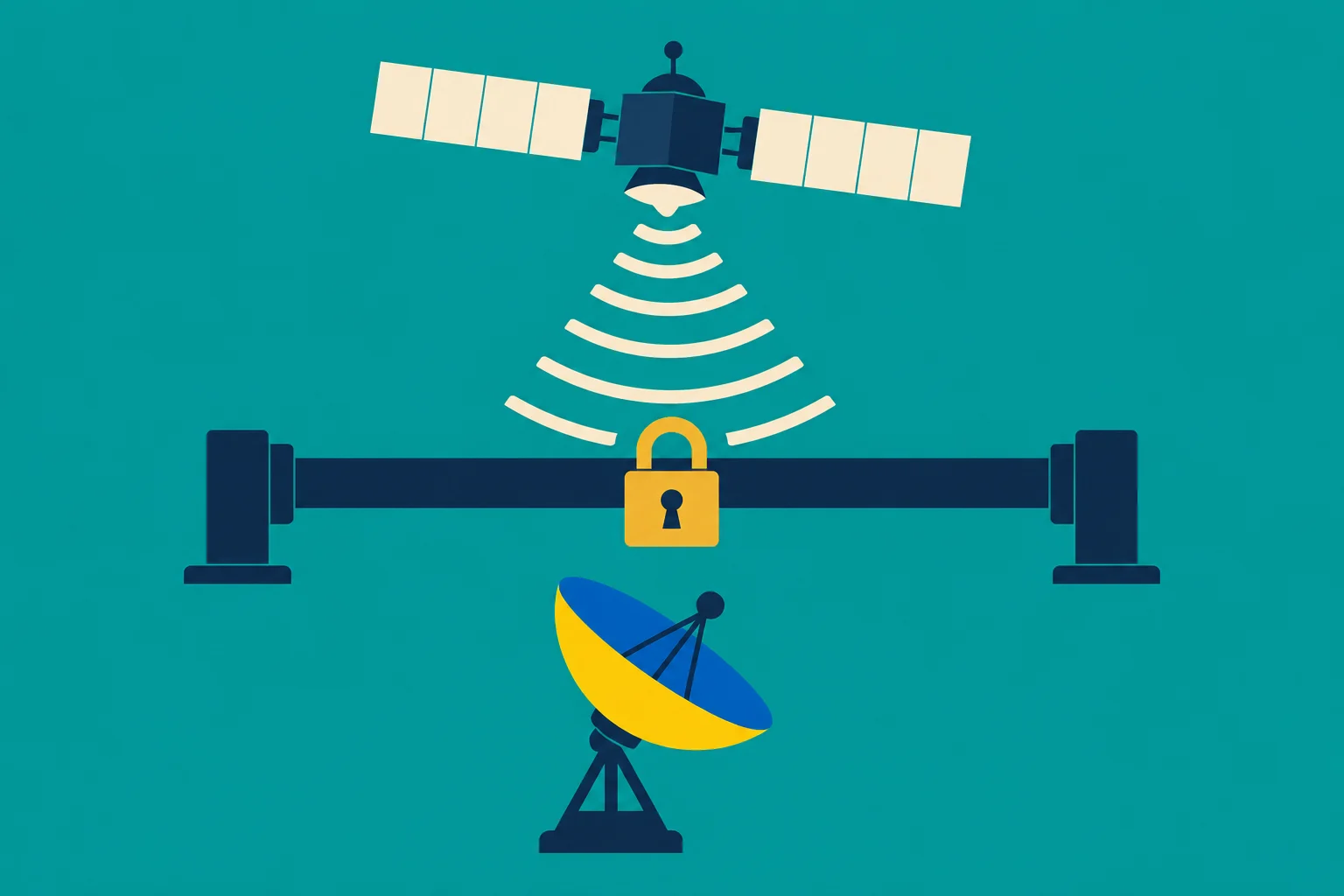 A satellite sends signals toward a locked barrier above a ground dish antenna, suggesting secure satellite communications.