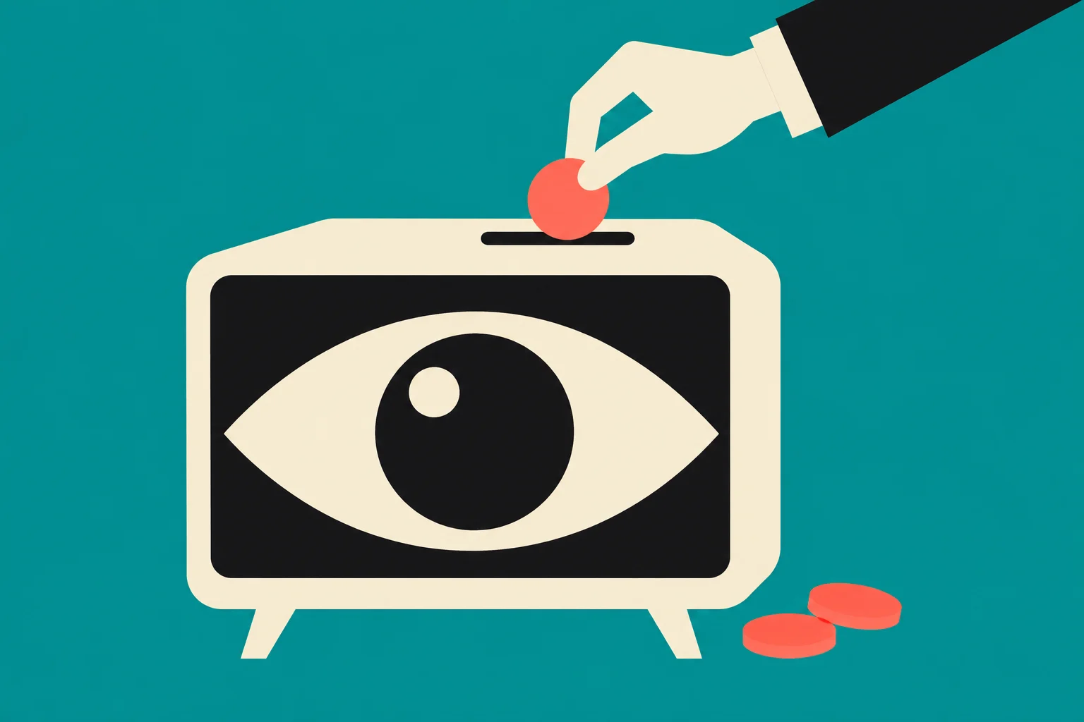 A hand inserts a red coin into a cream television with a large eye on its screen, while two coins lie beside it.