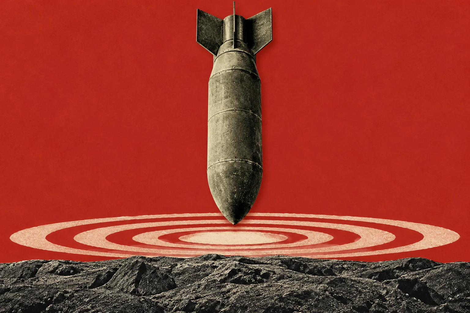 A large weathered bomb points downward toward cream concentric target rings against a red background, above rough, dark terrain.
