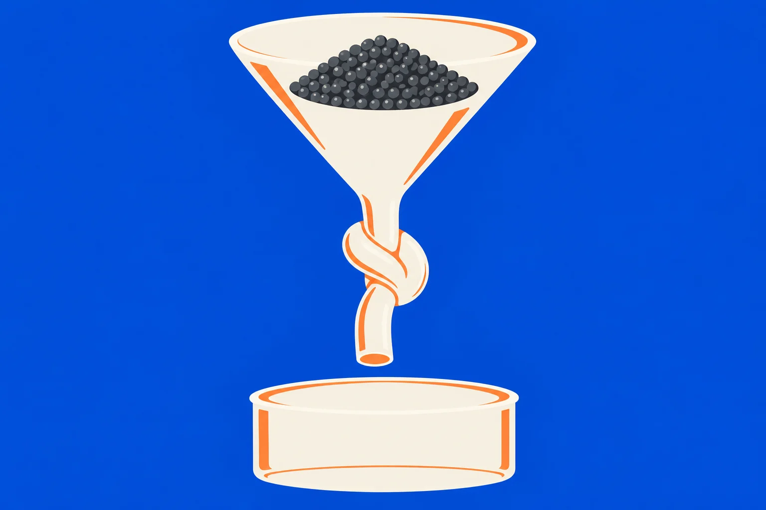 A cream-colored funnel holding dark pellets has a knotted spout above an empty cylindrical container against a blue background.