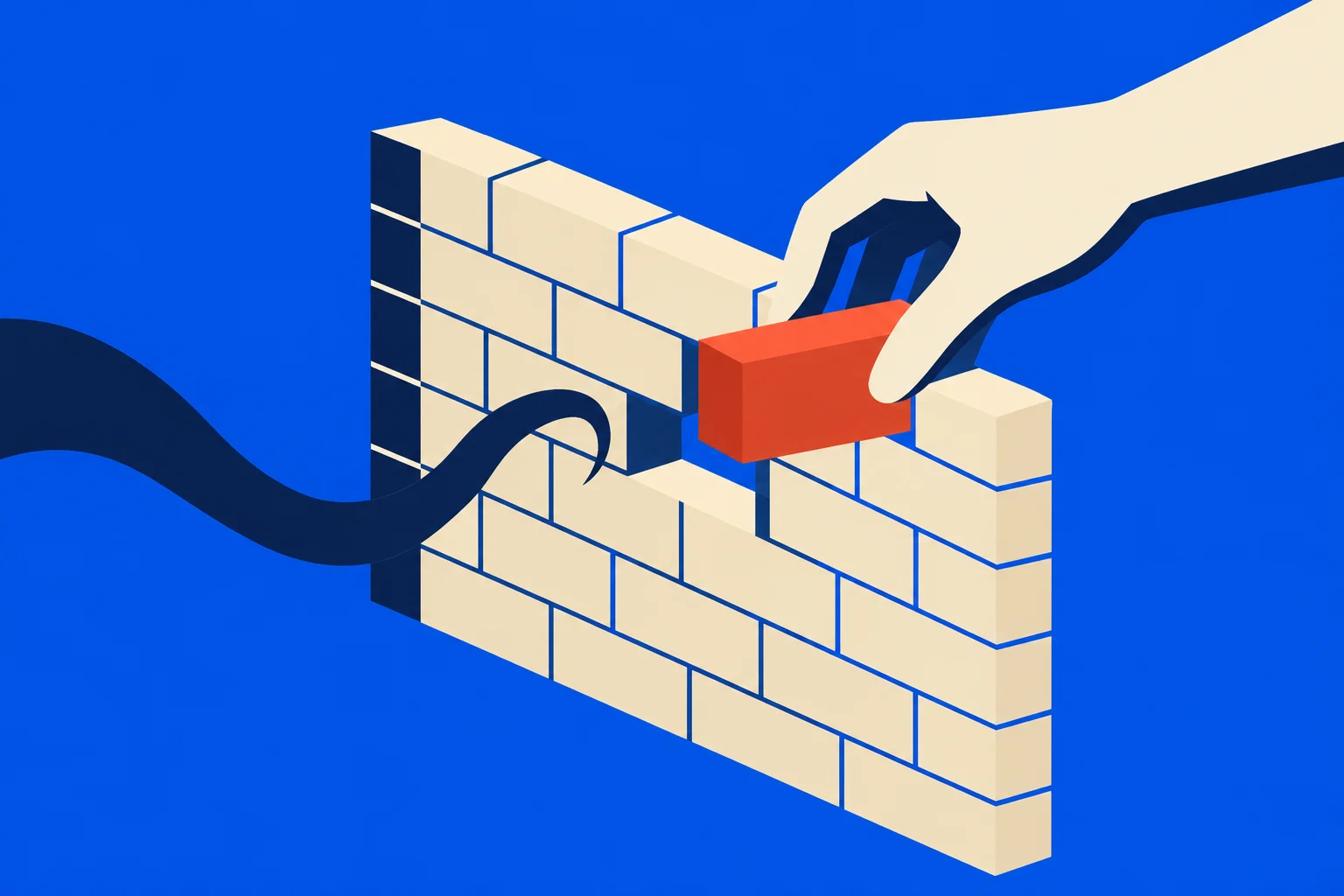 A hand places a red brick into a cream brick wall as a dark, curling tentacle reaches toward it against a blue background.