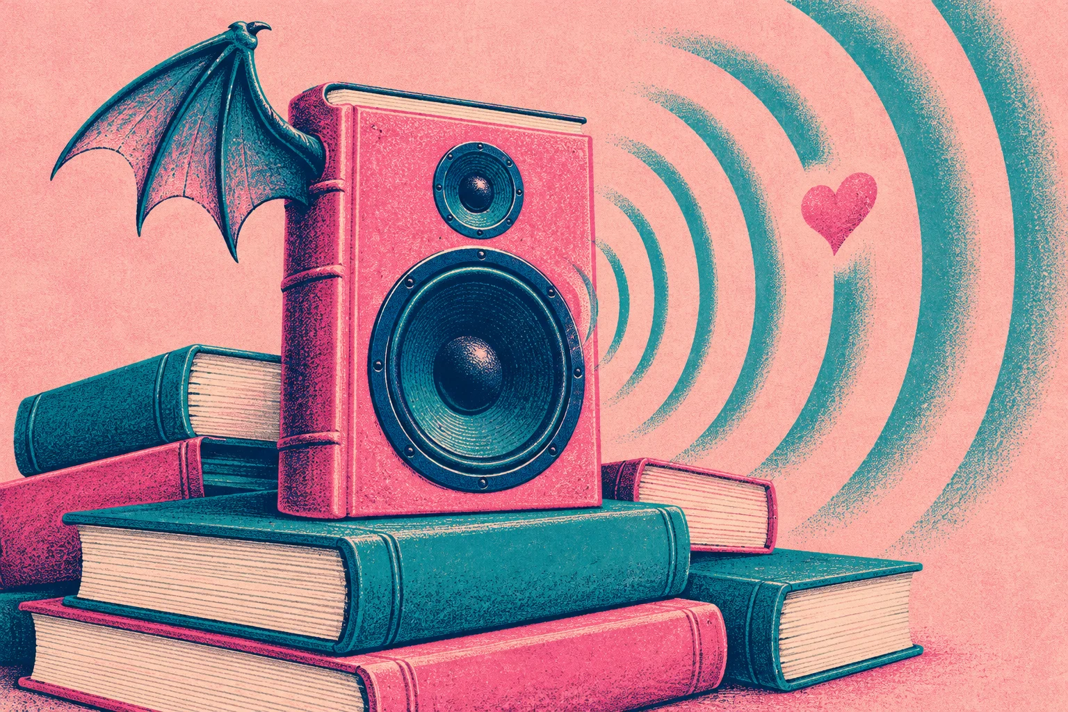 A pink book with speaker cones and a bat wing sits atop stacked books, sending teal sound waves toward a pink heart.