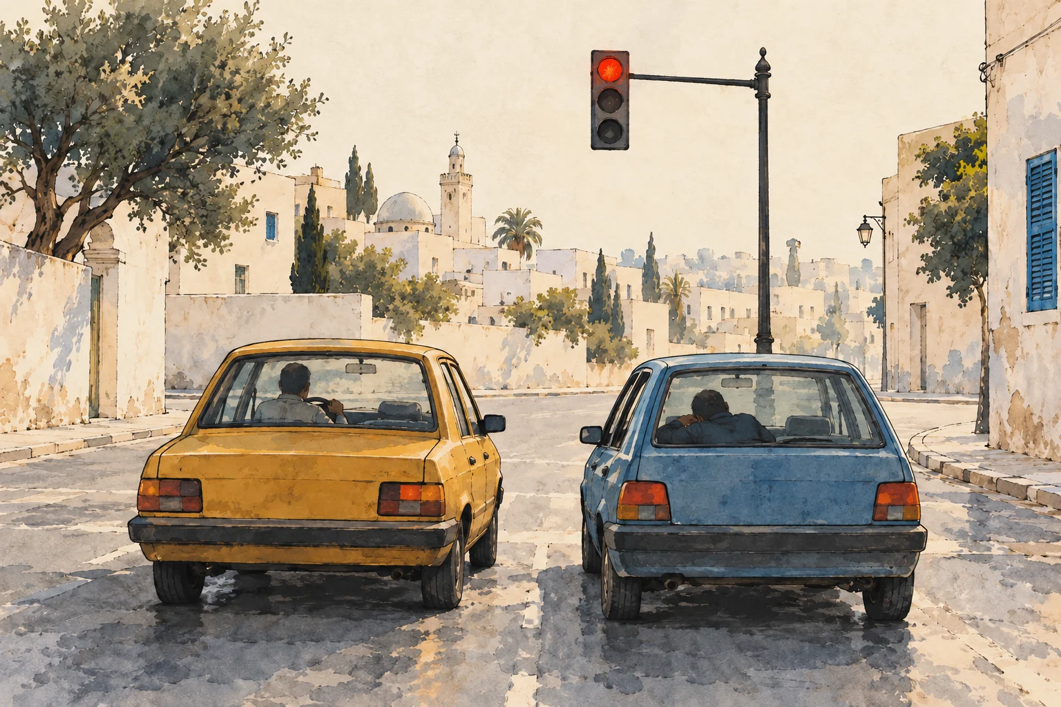 A watercolor street scene shows yellow and blue cars stopped at a red traffic light among white buildings, trees, and a distant mosque.