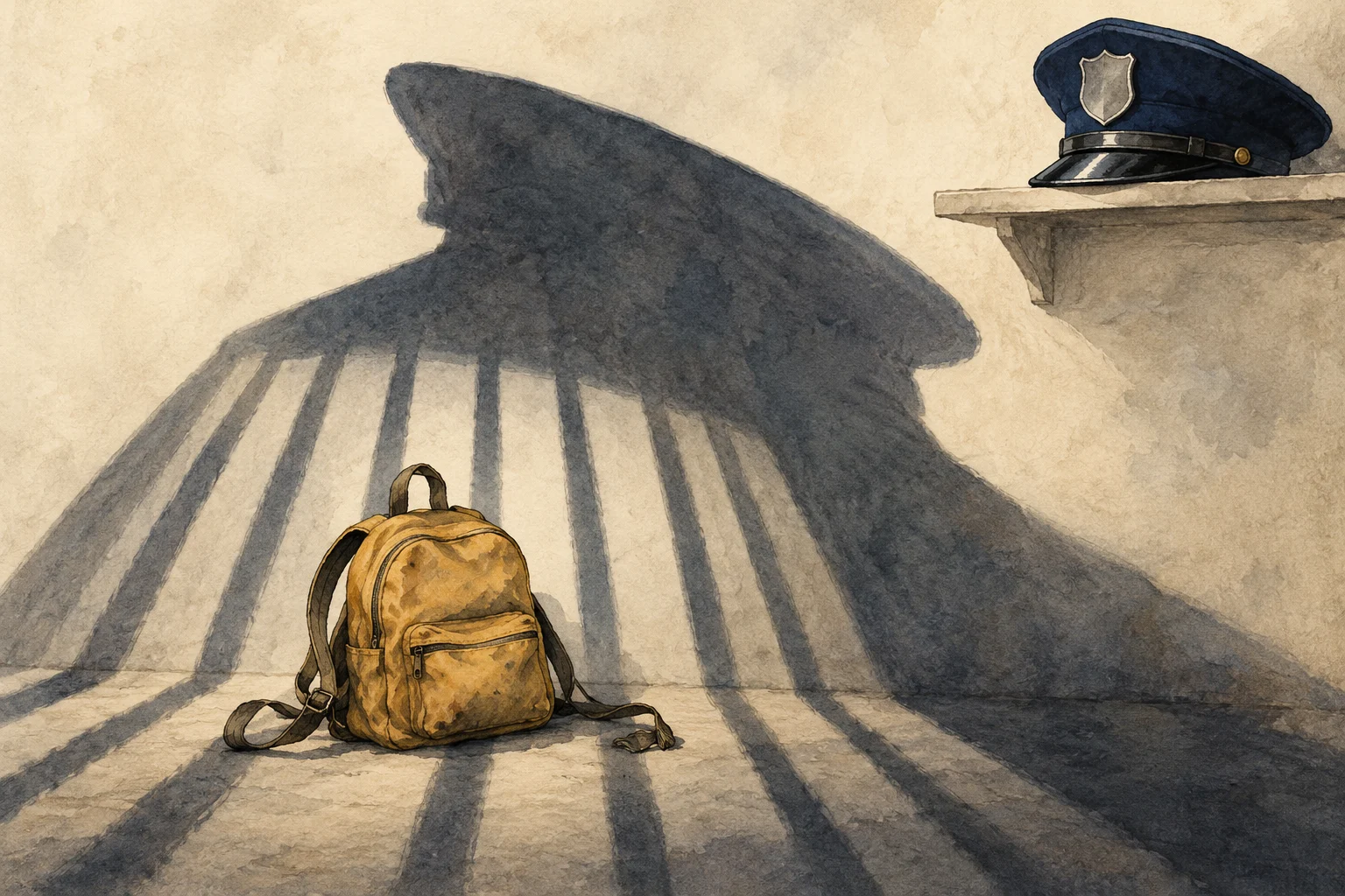 A yellow backpack rests beneath shadows resembling prison bars and a large police officer, while a police cap sits on a shelf.