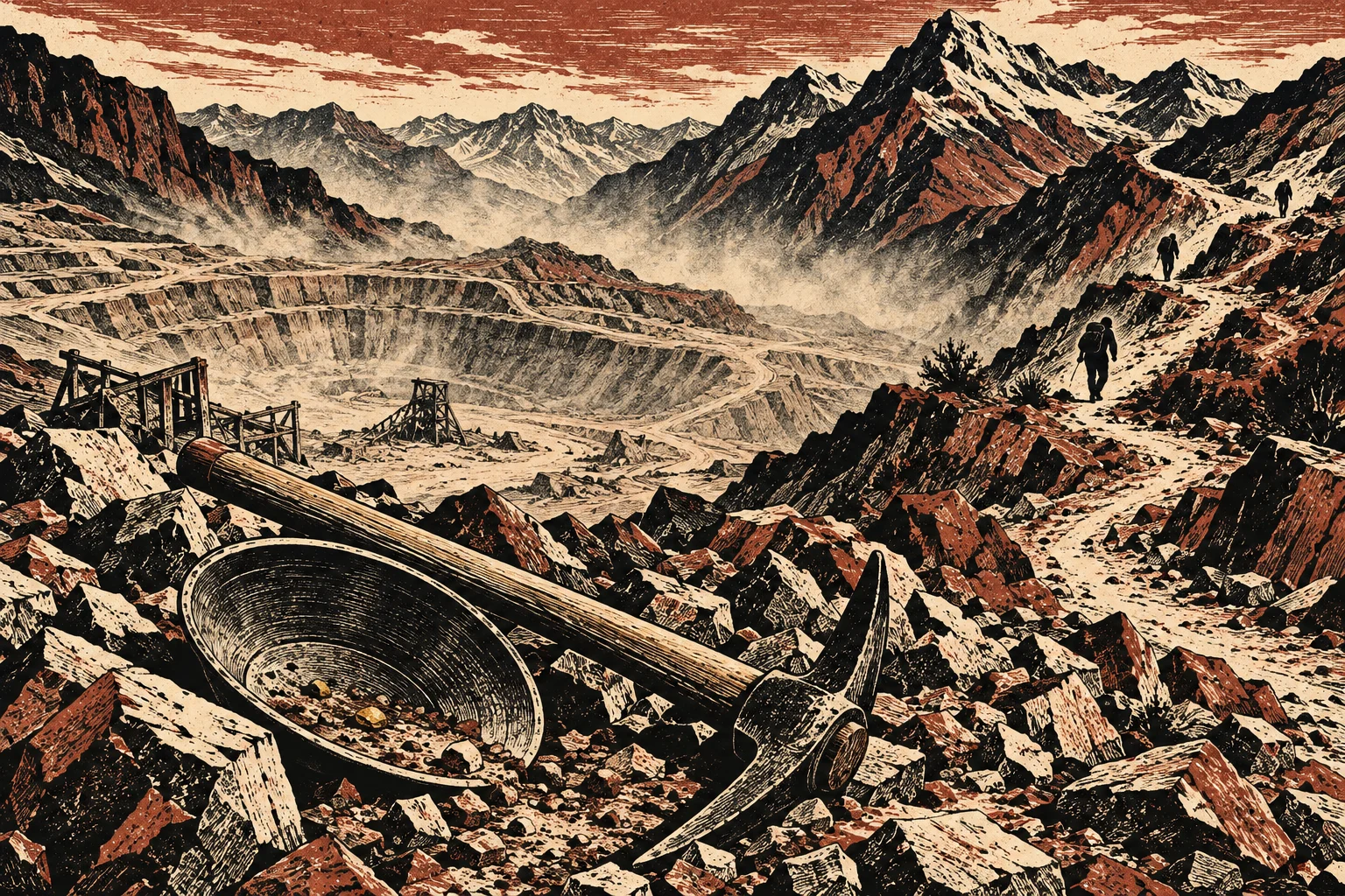A vintage-style illustration shows a mining pan and pickaxe amid rocky mountains, with a terraced open-pit mine below and hikers on a winding trail.