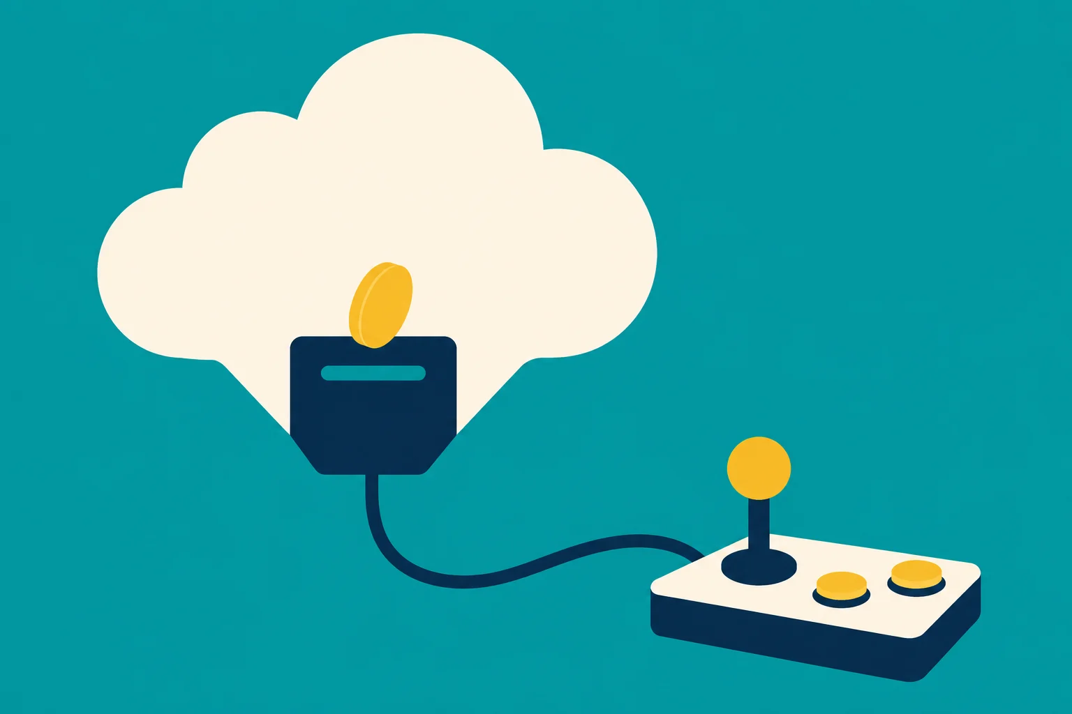 A gold coin enters a dark blue slot beneath a cream cloud, connected by a cable to a joystick controller on a teal background.