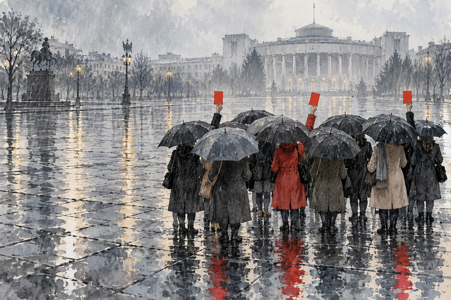 People sheltering beneath umbrellas raise red cards in a rain-soaked city square, with reflections on the pavement and a grand columned building in the background.