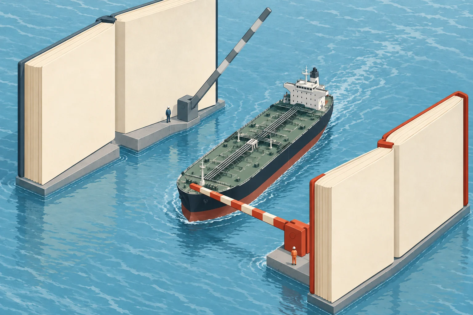 An oil tanker sails between two giant open books standing in water, with a raised gray barrier on the left and a lowered red barrier on the right.