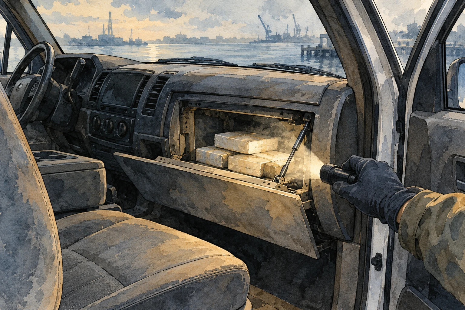 A gloved hand shines a flashlight on wrapped packages hidden behind an open vehicle dashboard compartment, with a harbor visible through the windshield.