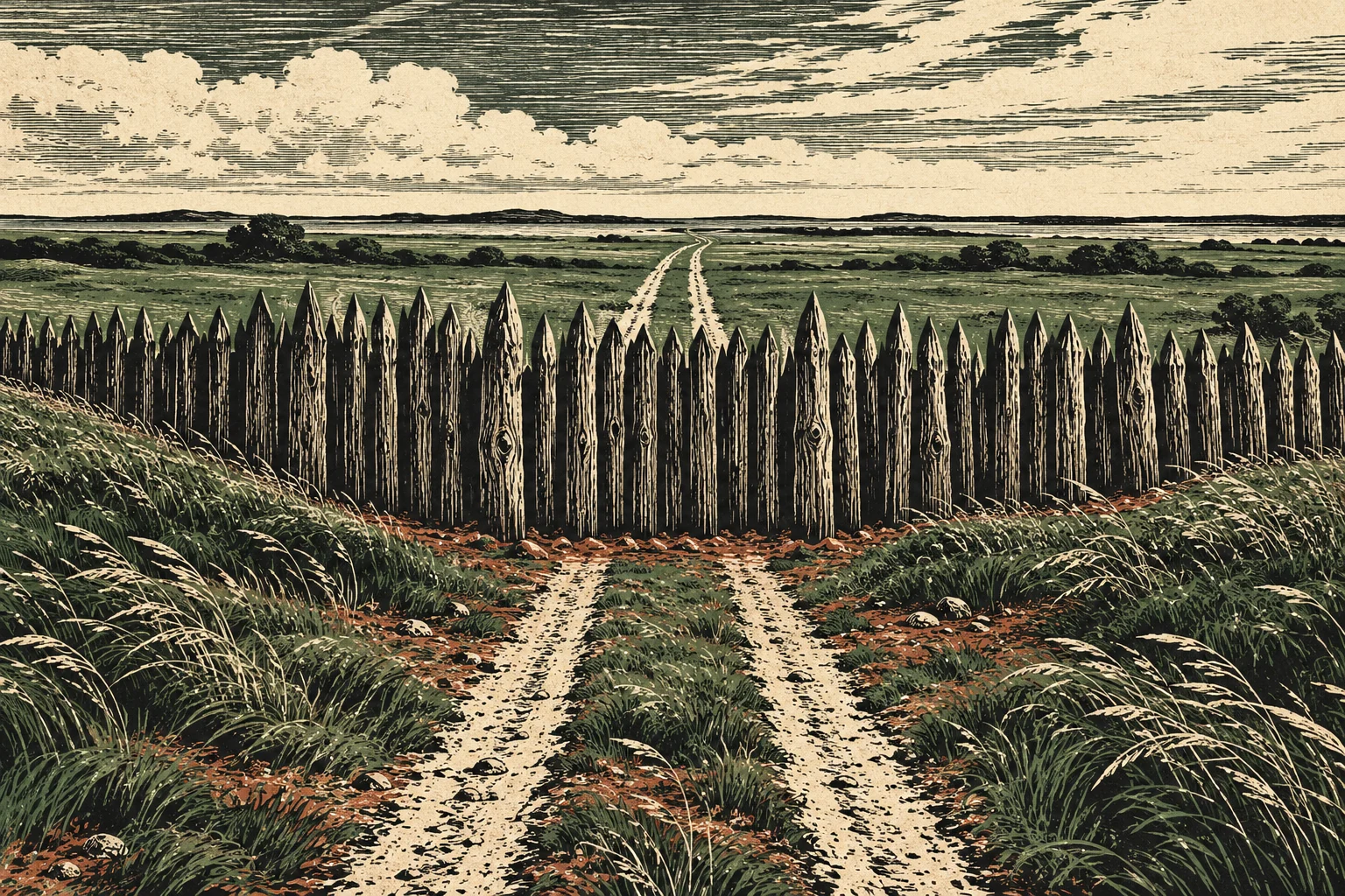 A woodcut-style landscape shows a pointed wooden palisade blocking a dirt track through windswept grassland beneath a cloudy sky.