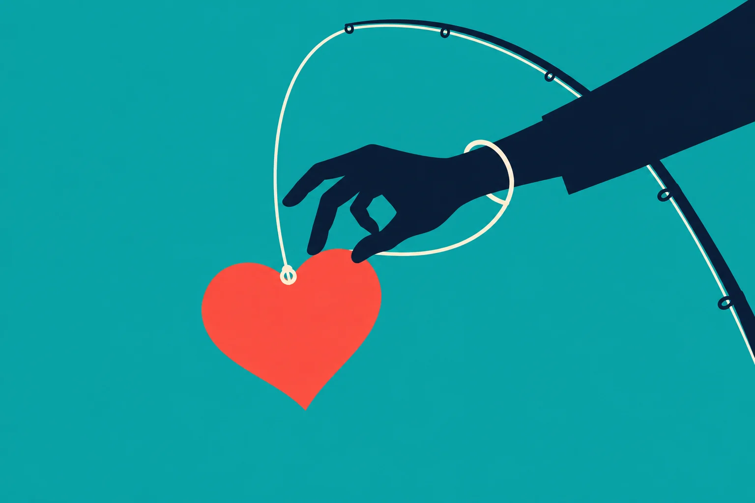 A dark hand reaches toward a red heart dangling from a cream fishing line beneath a bent rod against a turquoise background.