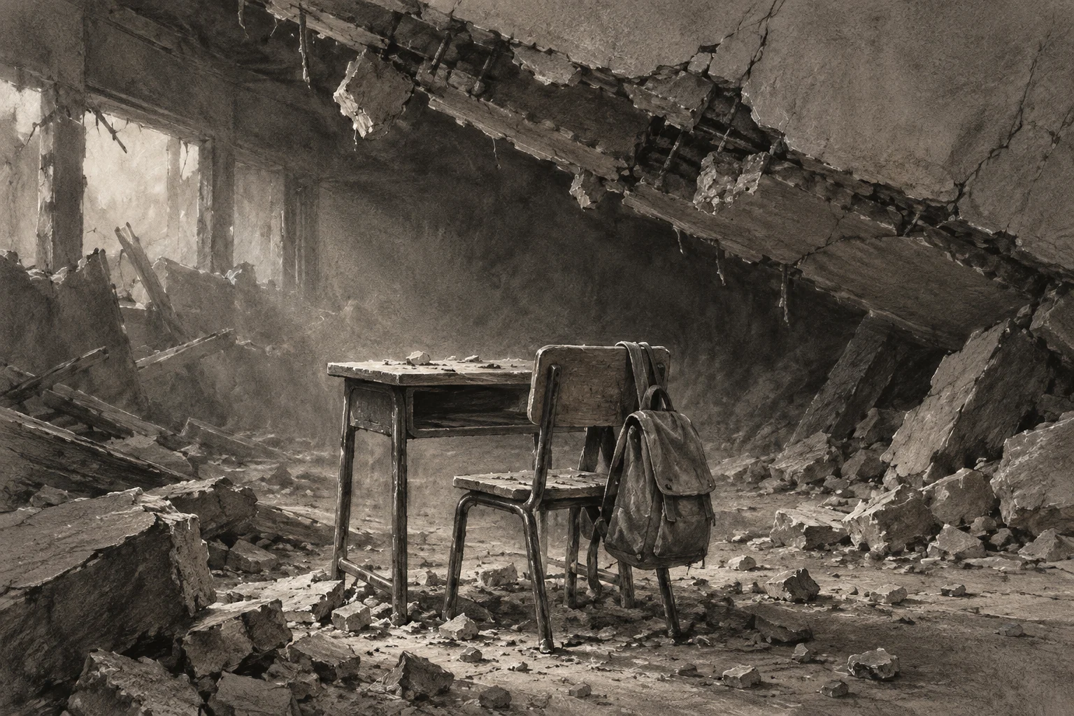 A worn school desk and chair with a backpack stand amid rubble in a ruined classroom, lit by sunlight through broken windows.