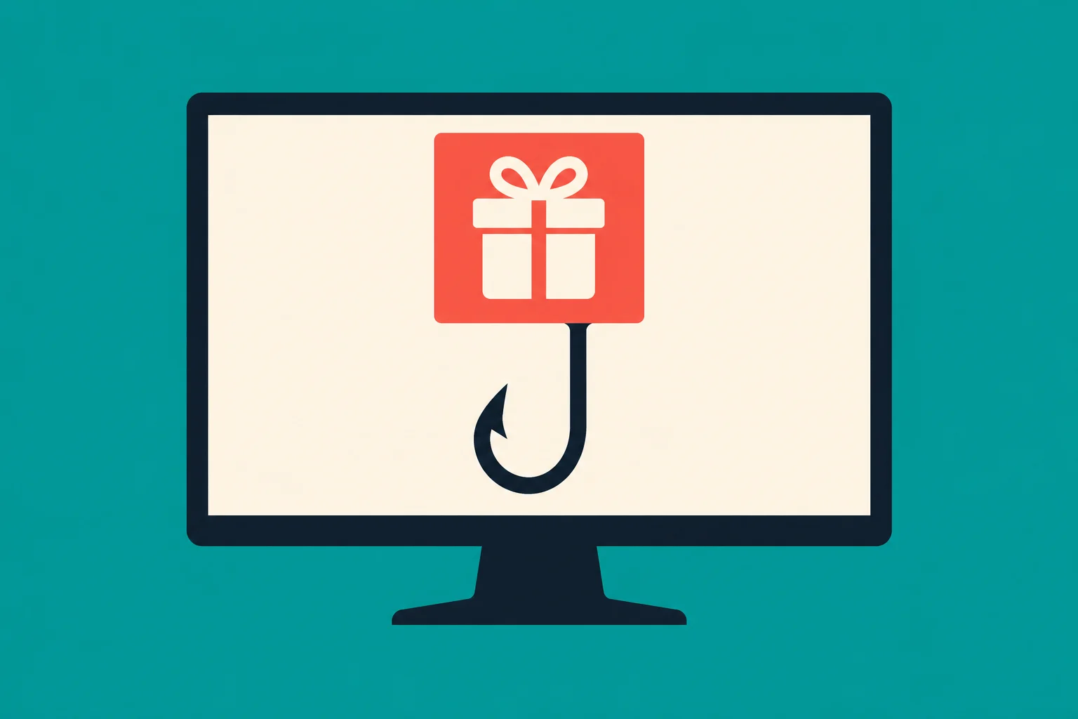 A computer monitor displays a gift box above a fishing hook against a teal background, suggesting an online phishing scam.