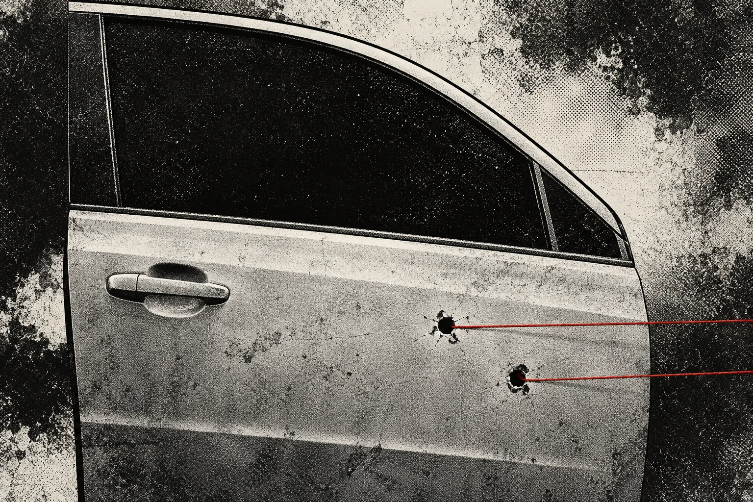 A grainy black-and-white car door has two bullet holes with red lines extending from them toward the right edge.