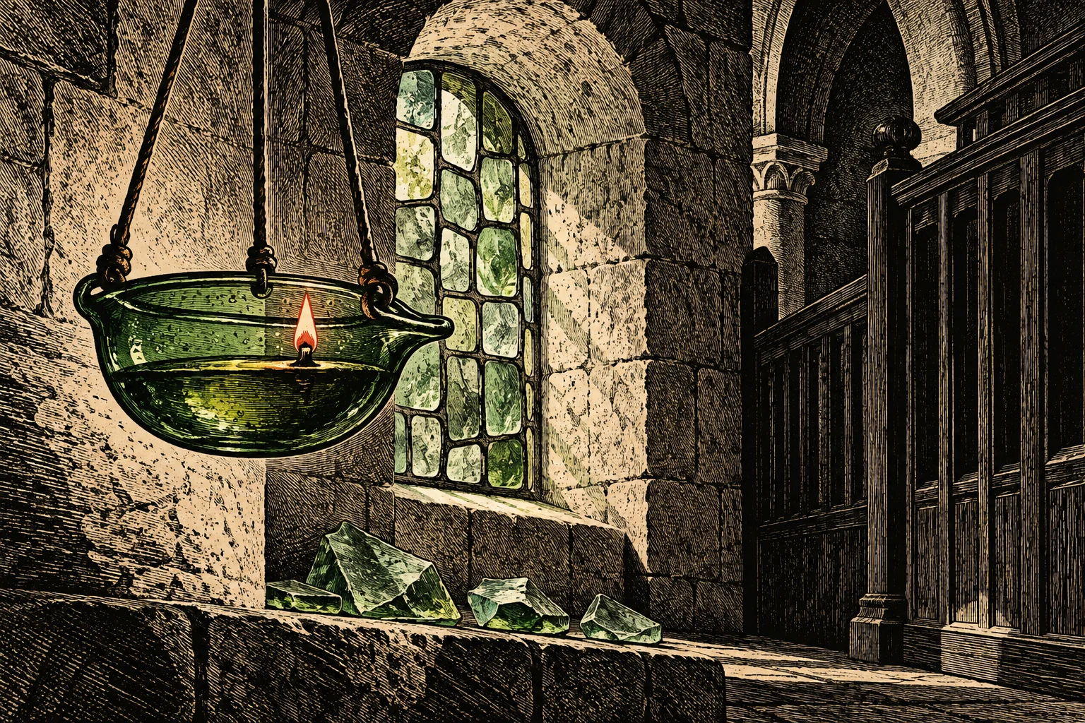 A green glass oil lamp hangs in a stone interior beside an arched window, with green glass shards on the sill and dark wooden paneling.