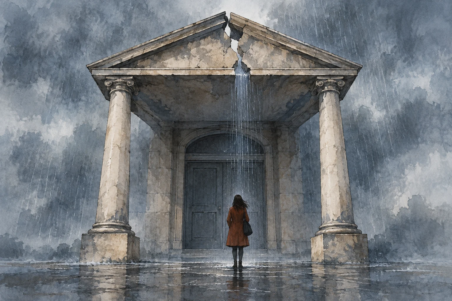 A woman in a brown coat stands in heavy rain before a weathered classical entrance with two columns and a cracked pediment pouring water.