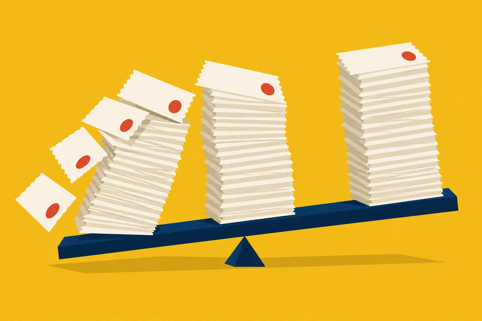 Three stacks of cream tickets with red circles sit on a blue seesaw against a yellow background, with loose tickets falling from the left stack.
