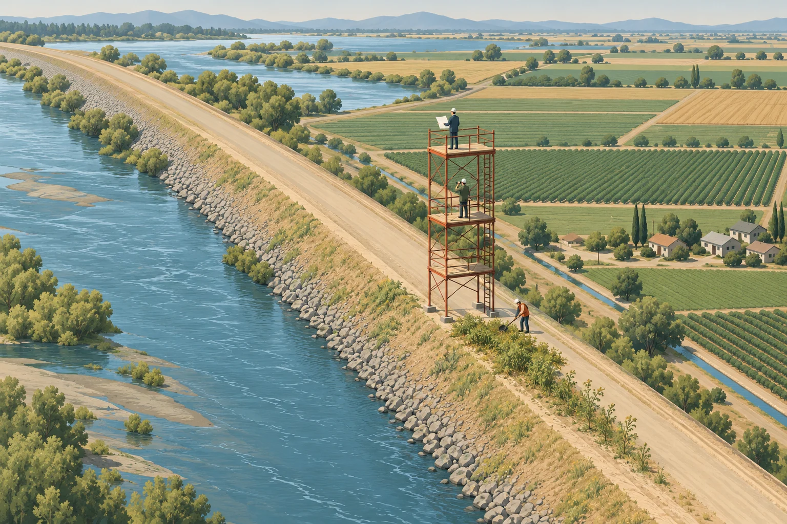 Workers on a scaffold inspect a river embankment beside a dirt road, with farmland, houses, trees, and distant mountains stretching across the landscape.