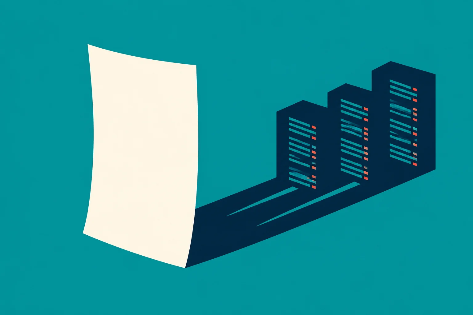 A blank cream sheet casts a long dark shadow toward three stylized server towers with teal lines and coral indicators against a teal background.