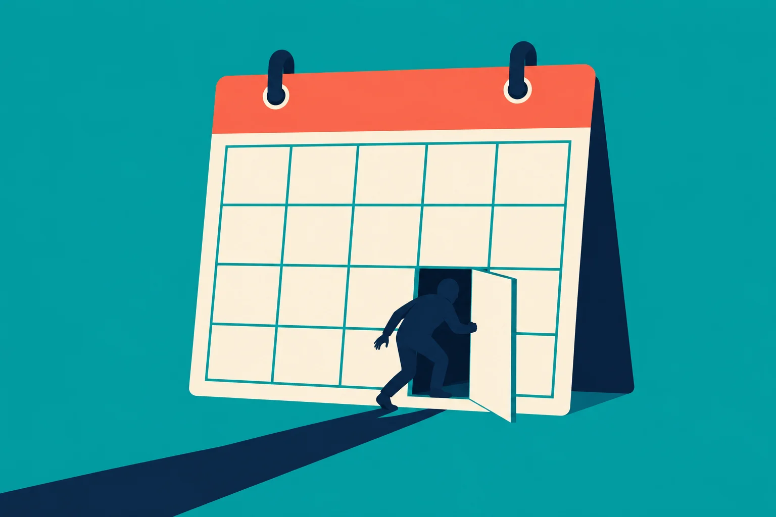 A person steps through an open doorway in a large calendar, casting a long shadow across a teal background.