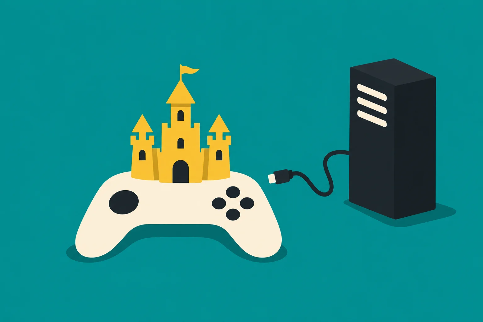 A yellow castle sits atop a cream game controller beside a black gaming tower with a loose cable, against a teal background.