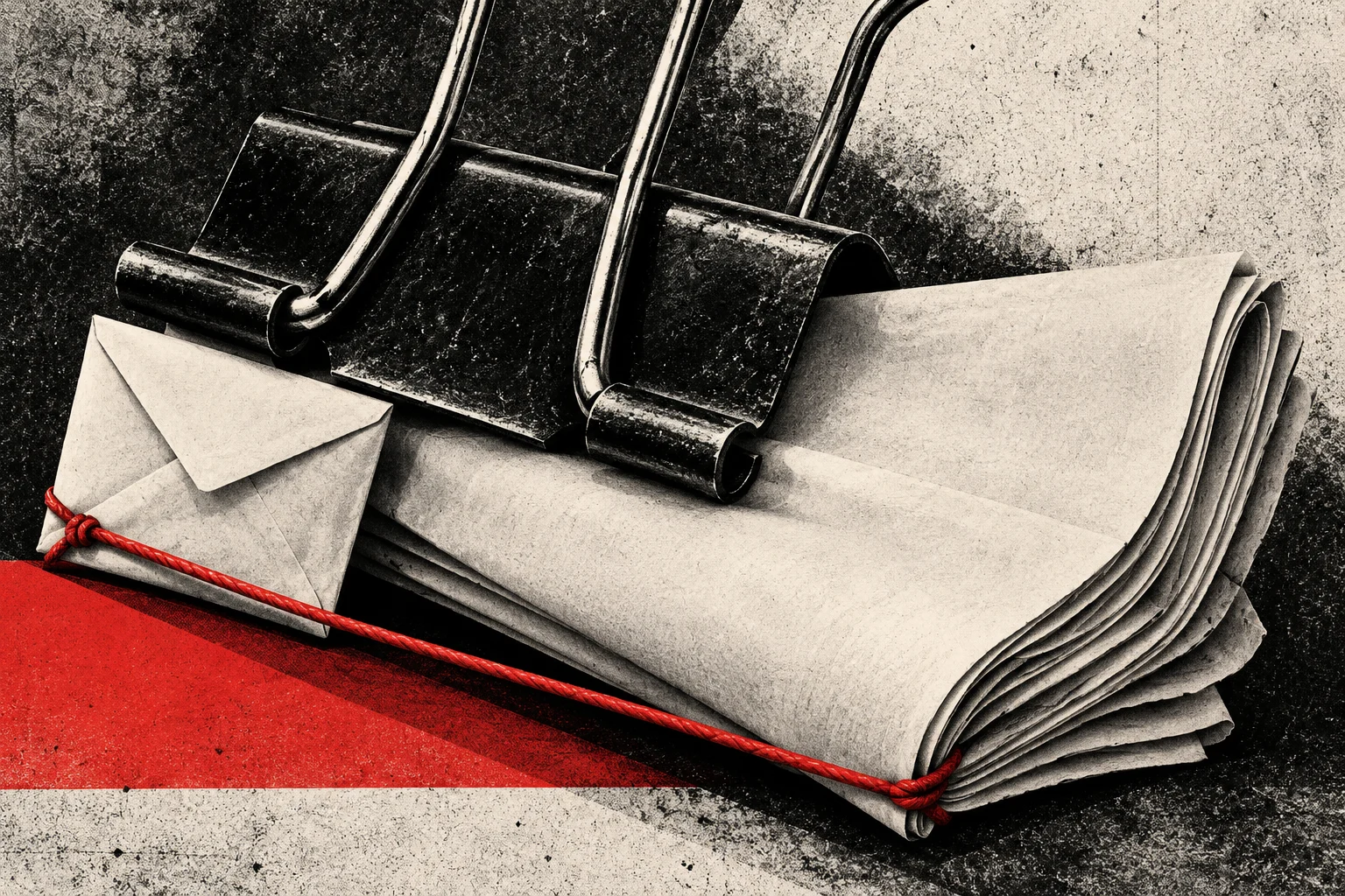 A large black binder clip grips a stack of cream papers beside an envelope, with red cord stretched across them against a textured black, white, and red background.