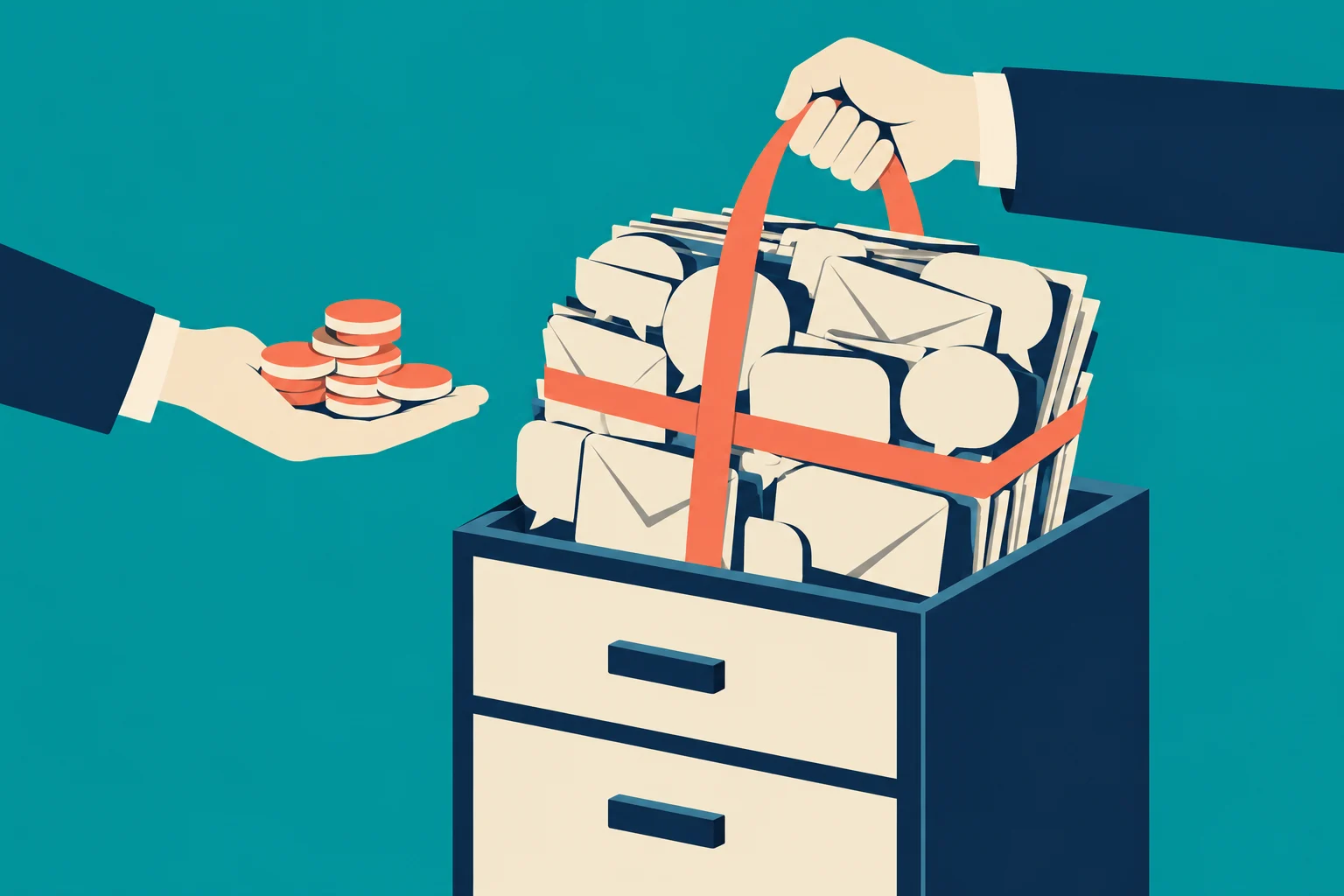 A hand lifts a bundle of message icons from a filing cabinet while another hand holds coins, suggesting the sale of stored communications.