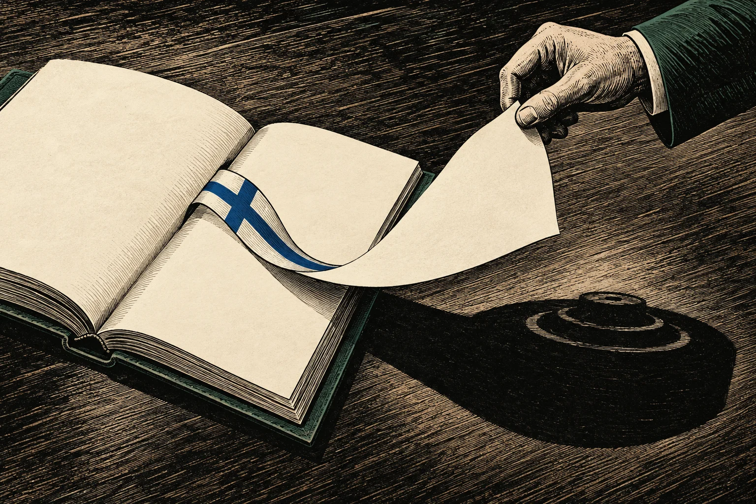 A hand turns a page bearing a blue cross in an open book on a wooden desk beside a black inkwell.