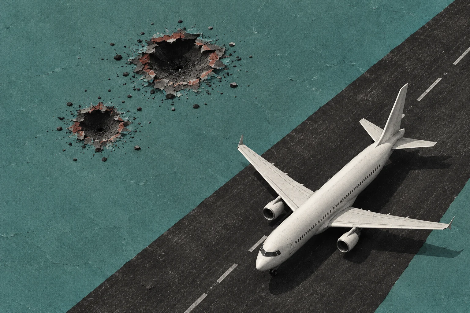 A white passenger jet sits on a diagonal runway beside two rubble-ringed craters in a textured teal surface.