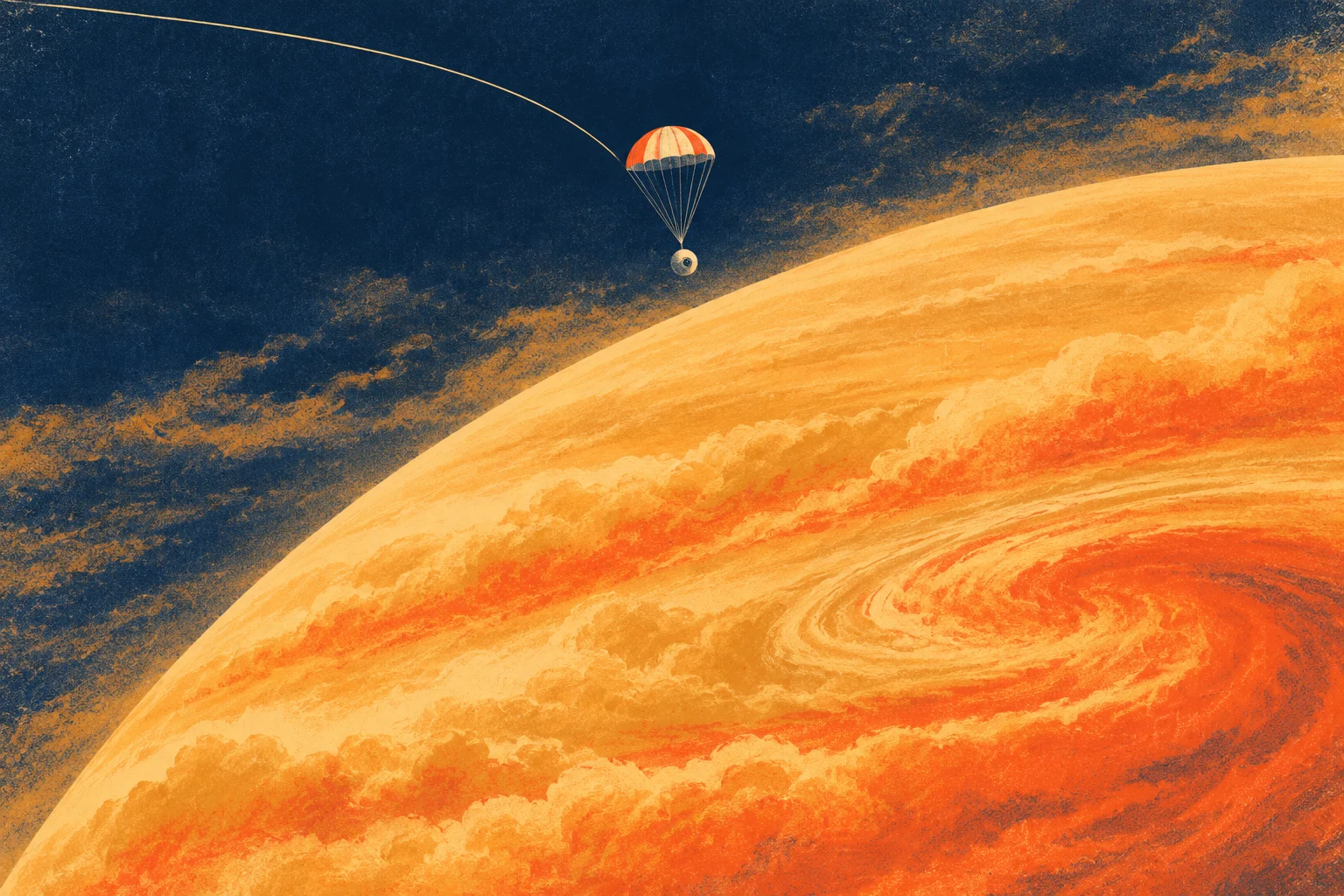 A small probe descends beneath an orange parachute toward a swirling golden planet, with a curved trajectory line crossing the dark blue sky.