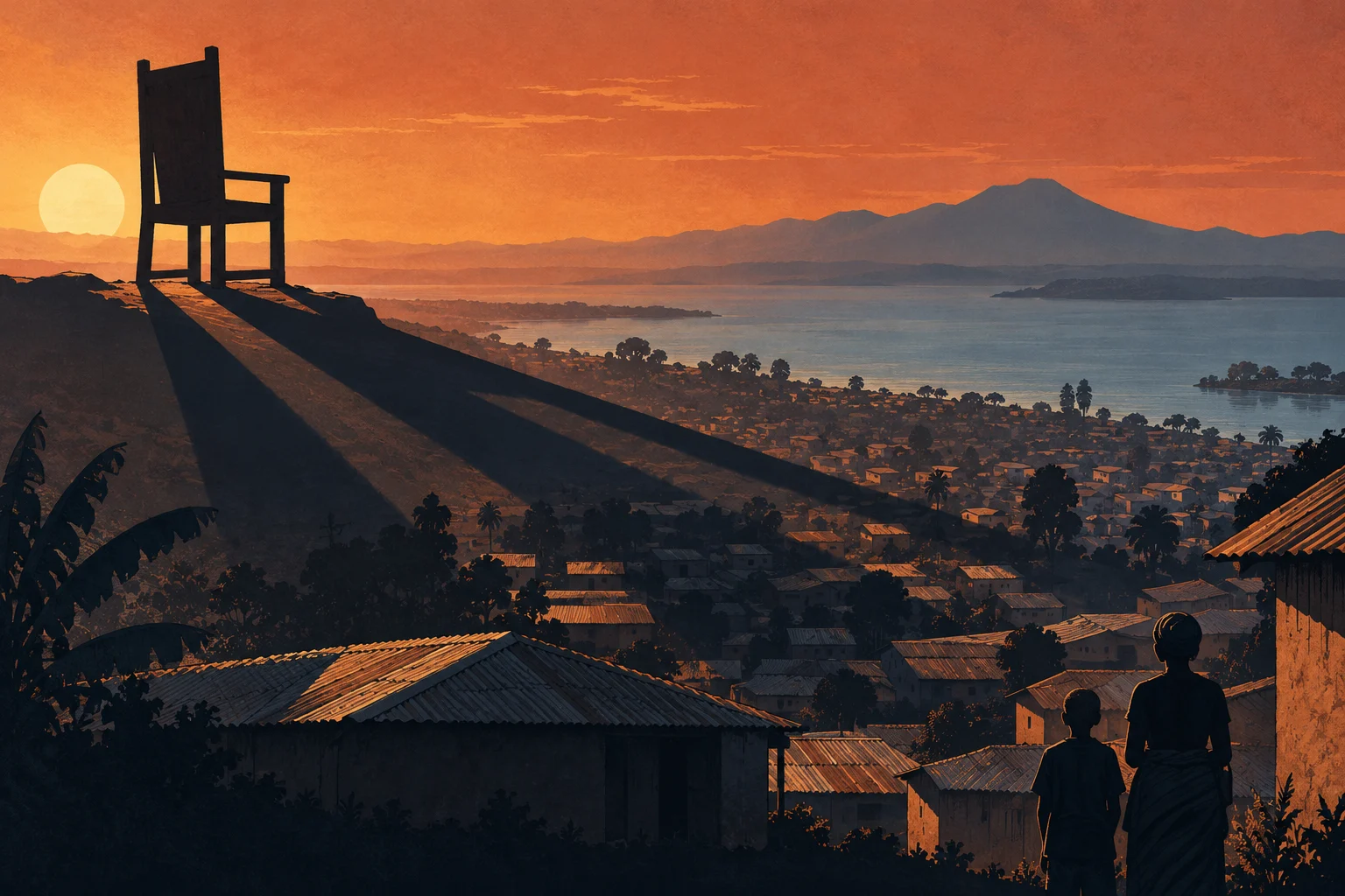 A giant empty chair casts long shadows over a lakeside town at sunset, while a woman and child stand in the foreground beneath orange skies.
