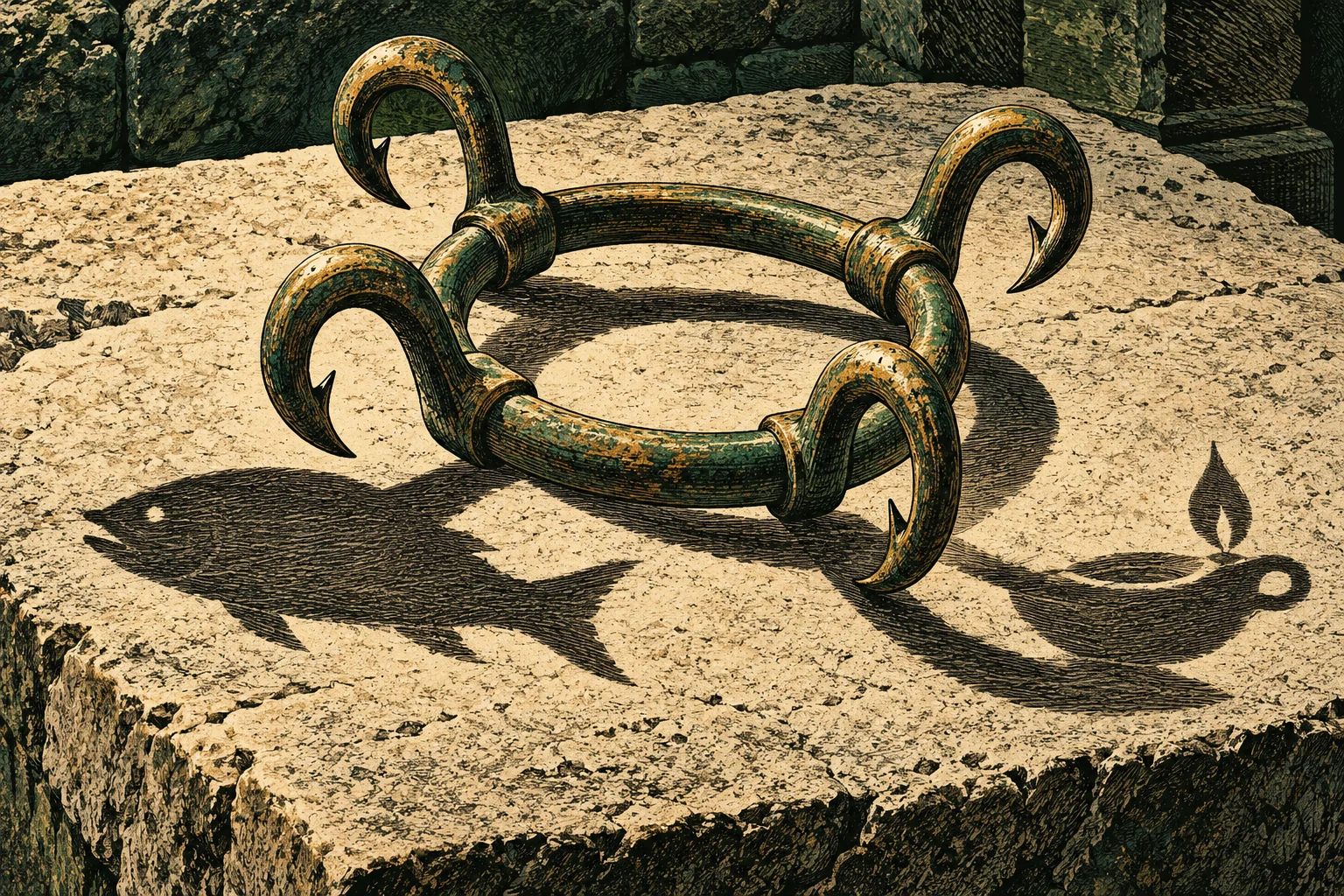 A weathered bronze ring with four curved hooks rests on a stone slab, casting shadows resembling a fish and an oil lamp.
