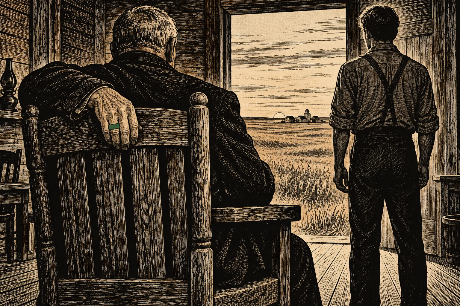 A woodcut-style scene shows an older man seated with a green ring and a younger man standing in a doorway overlooking fields and distant buildings.