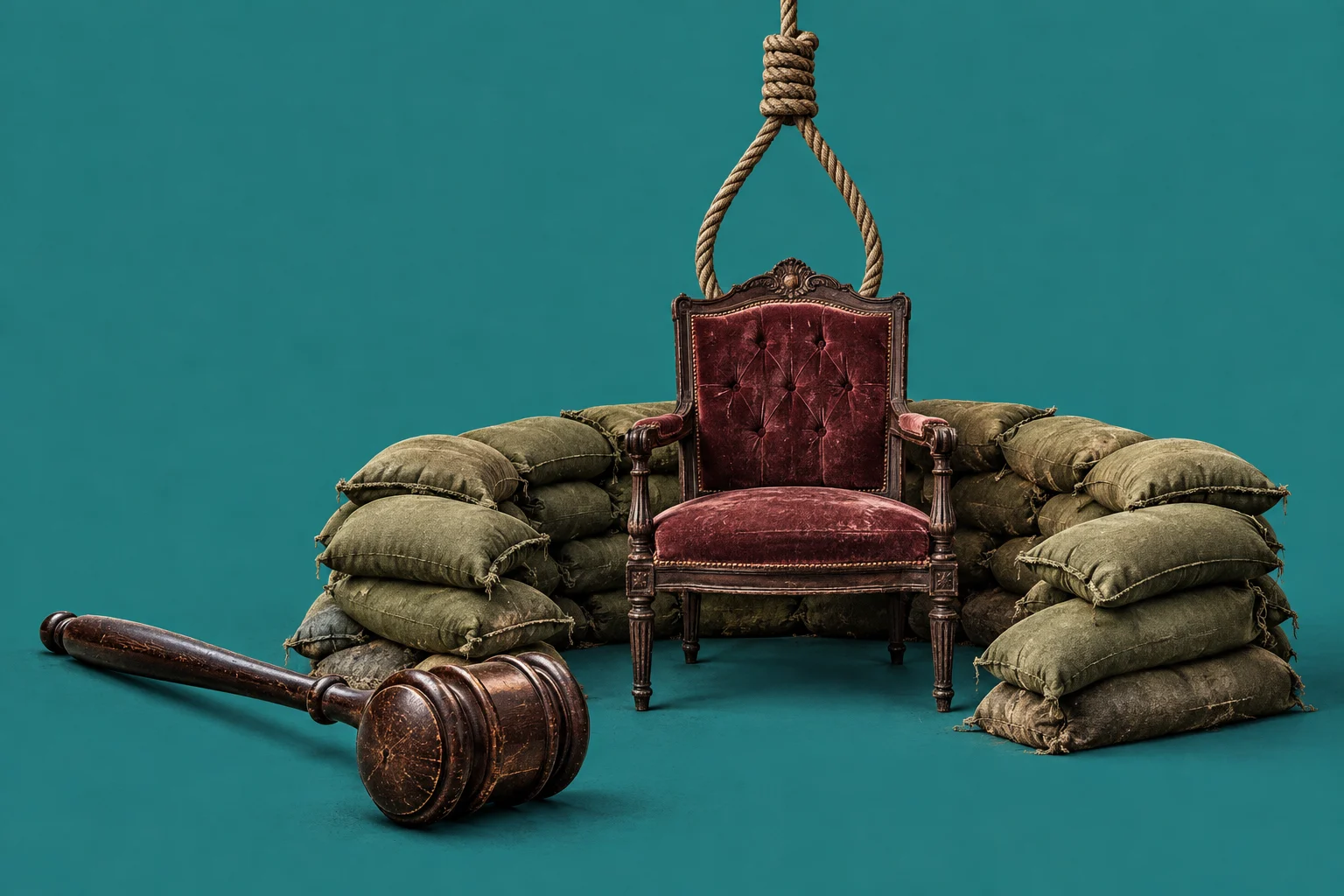 A worn red velvet chair sits among stacked sandbags, with a hanging noose above it and a large wooden gavel on the teal floor.